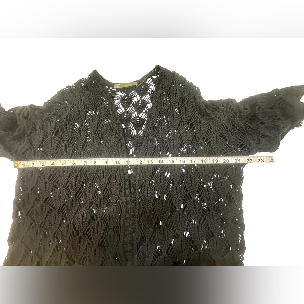 Sfera Black Open-Knit Crochet Boho Edgy  Short Sleeve Peasant Cardigan Size L/XL - Picture 7 of 9